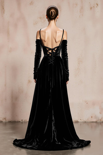 Black Cold Shoulder A-Line Velvet Long Sleeves Military Ball Dresses